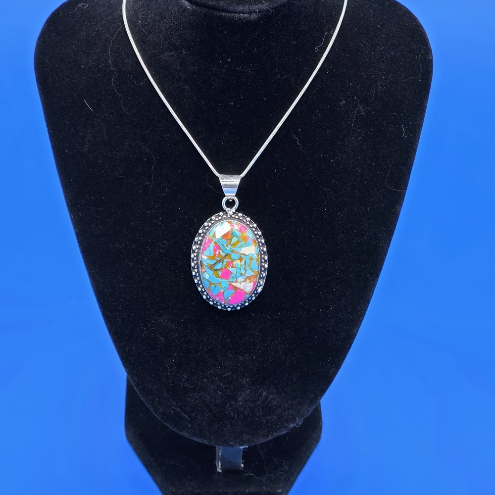 New Colorful Oval Pendant 925 Plated Sterling Silver. Necklace Sold Separatly‎